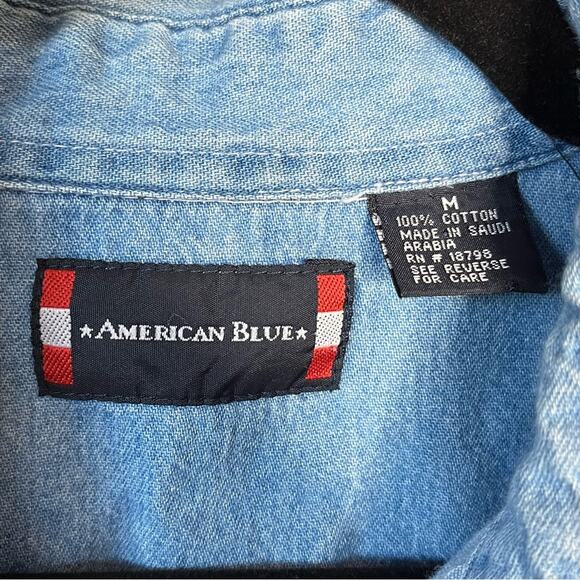 VINTAGE chambray down shirt with cat patches fits size XL crazy cat lady - Picture 10 of 10